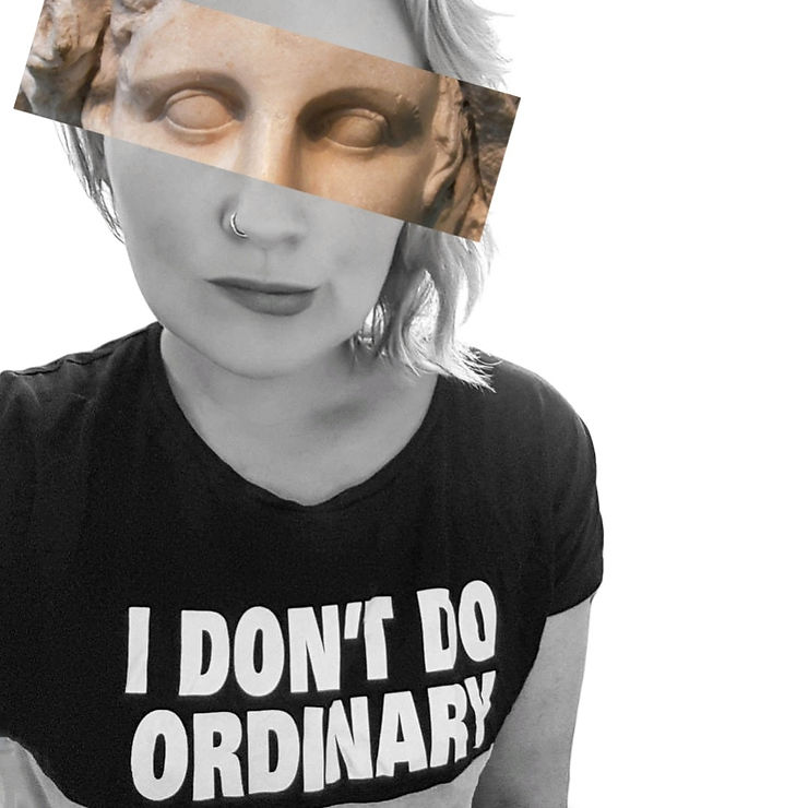 cut out image of statues eyes overlayed on image of person with a black t shirt