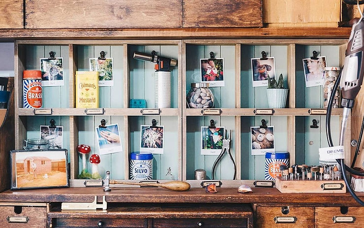 Wooden shelves filled with random items