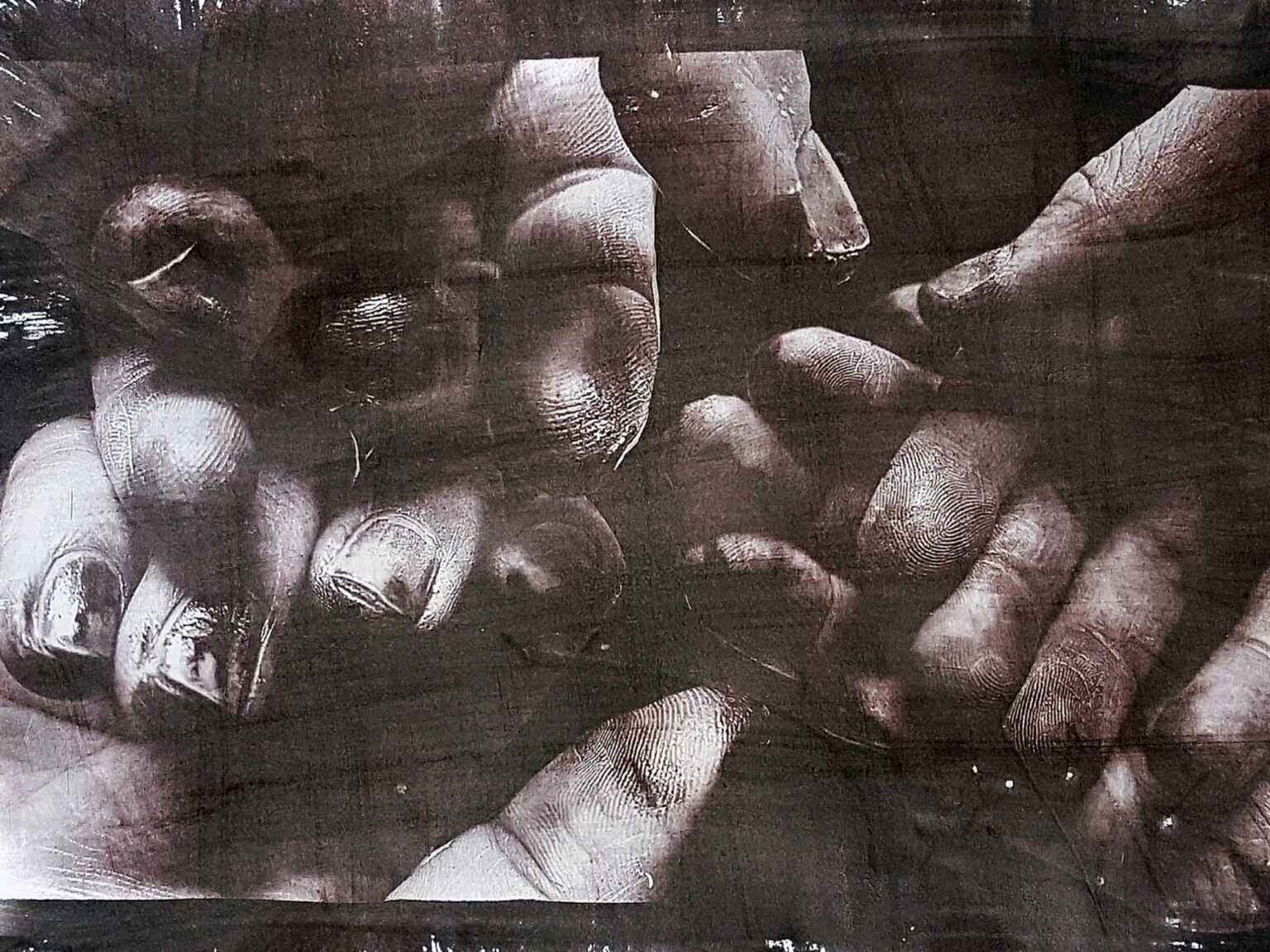Black and white scan of four hands at different angles