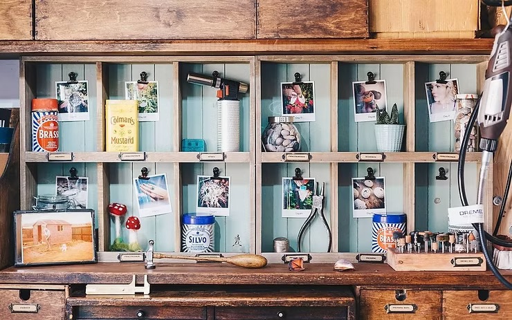 Wooden rectangle shelves stocked with various items